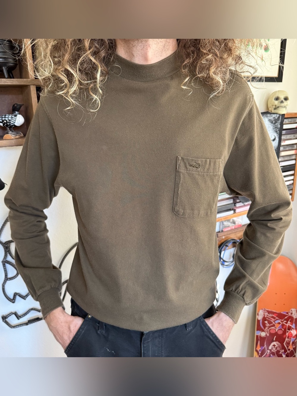 Vintage 90s Olive Brown L/S Pocket Tee Crocodile ~ Size Medium